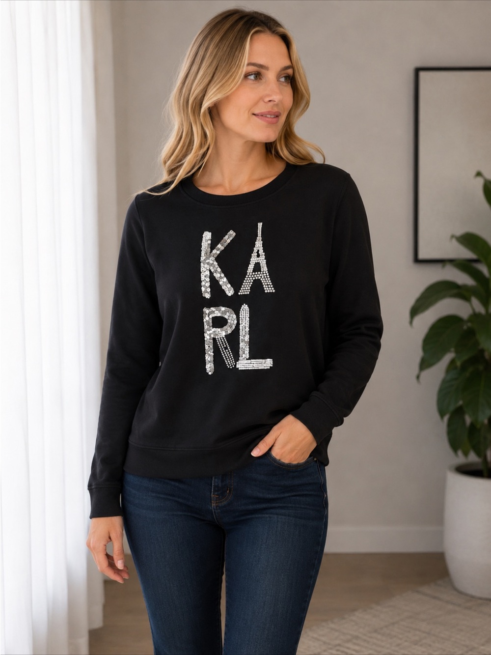 KARL LAGERFELD BLACK LIGHTWEIGHT PULLOVER TEE SHIRT WITH SEQUIN LOGO SIZE SMALL